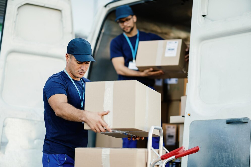 young-courier-his-colleague-unloading-cardboard-boxes-from-delivery-van_637285-2293